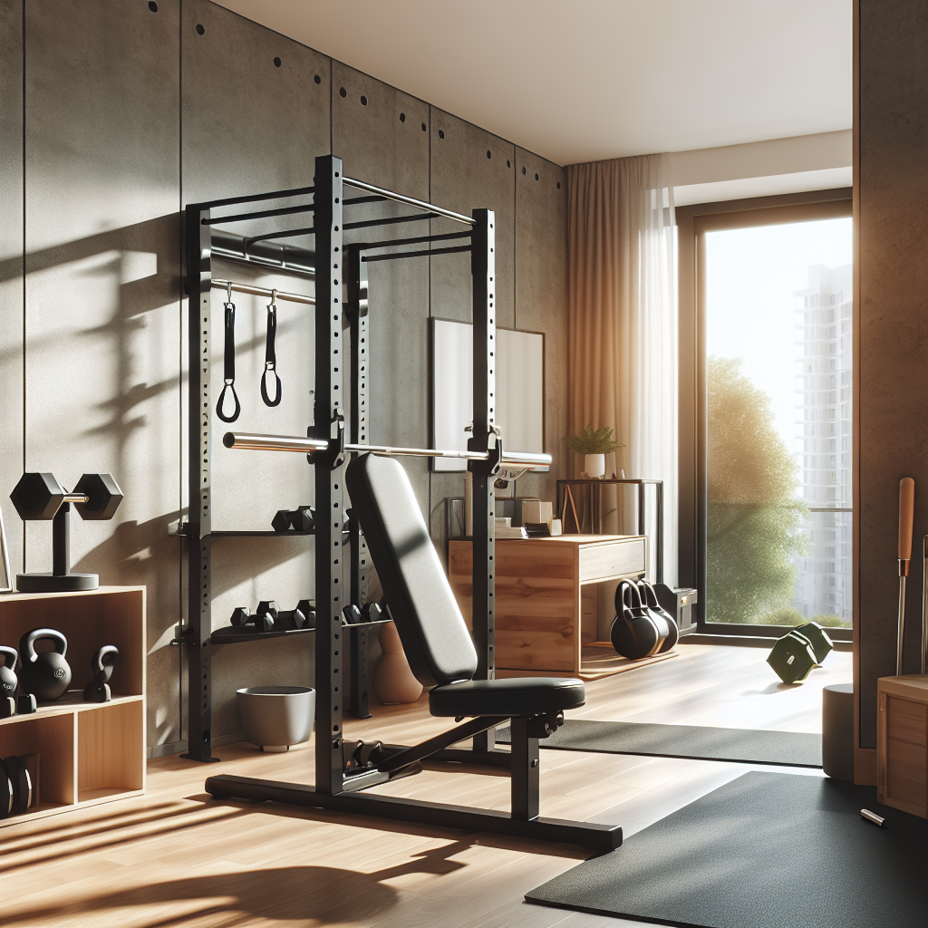Liten, moderne hjemmegym i leilighet: kompakt utstyr, vegghengt rack, sammenleggbar benk, gummigulv, naturlig lys, ryddig og inspirerende atmosfære